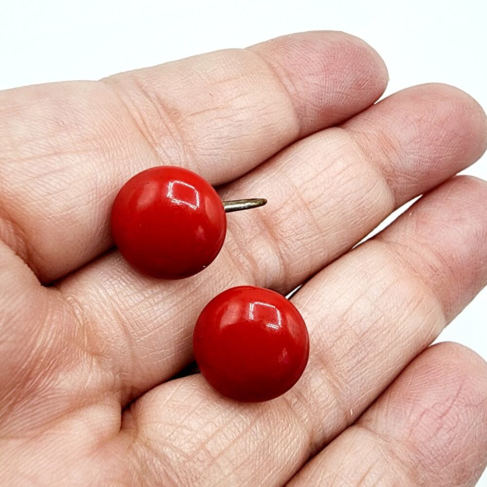 Cherry Red Glass Button Earrings 1940-50s Rockabilly VTG Screw Back Retro Pop - Picture 7 of 8